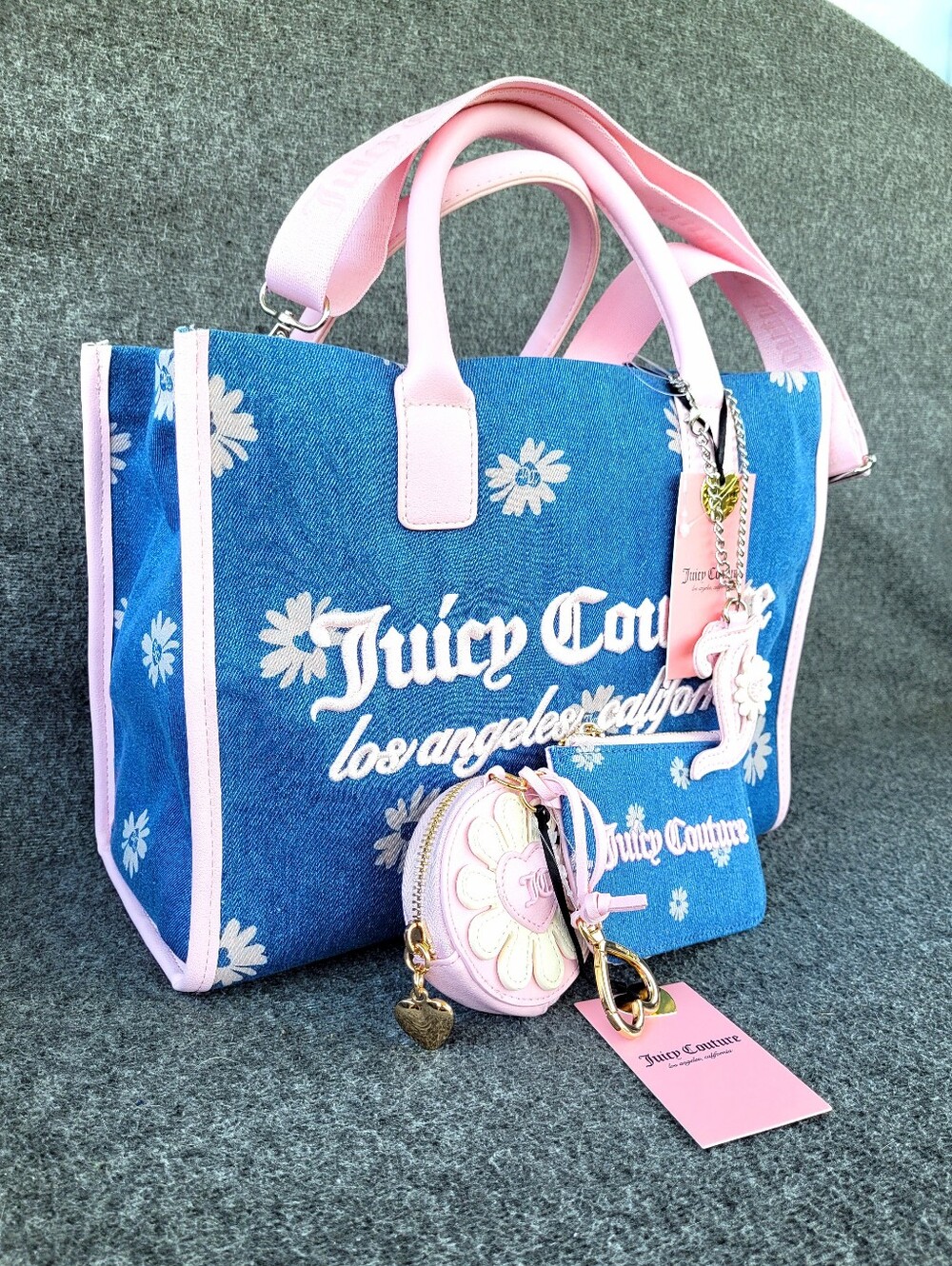 Juicy Couture Daisy For Juicy Tote Denim and Pink With Matching Card Wallet